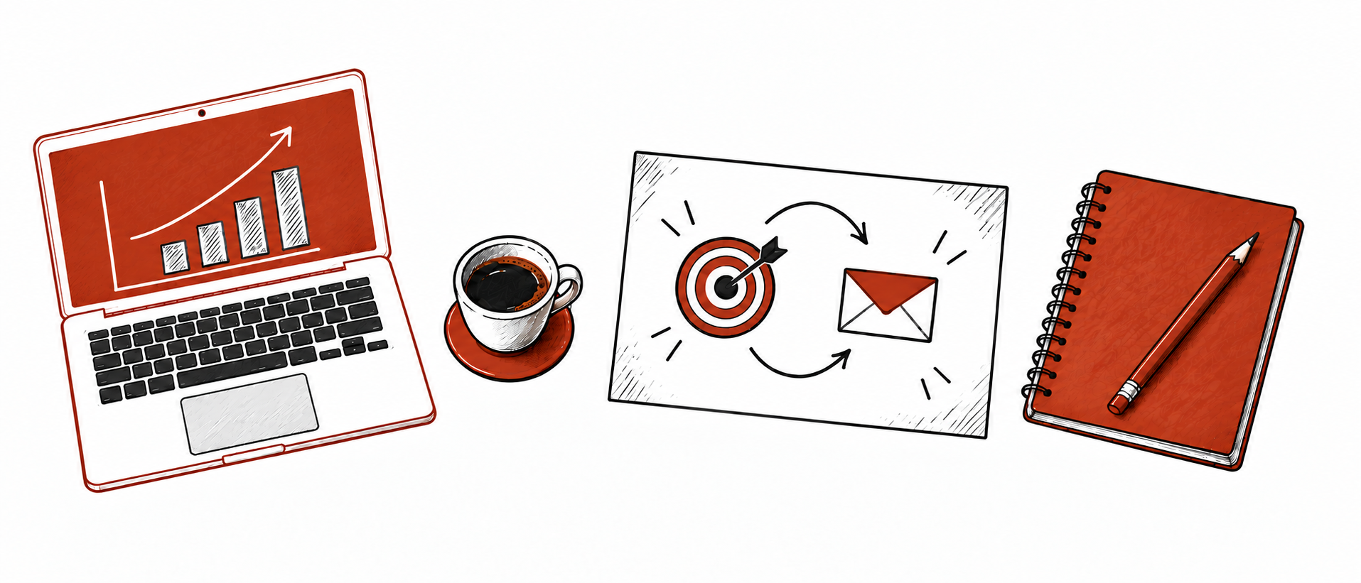 Hand-drawn laptop, outreach plan, cedar notebook, pencil, and one coffee cup